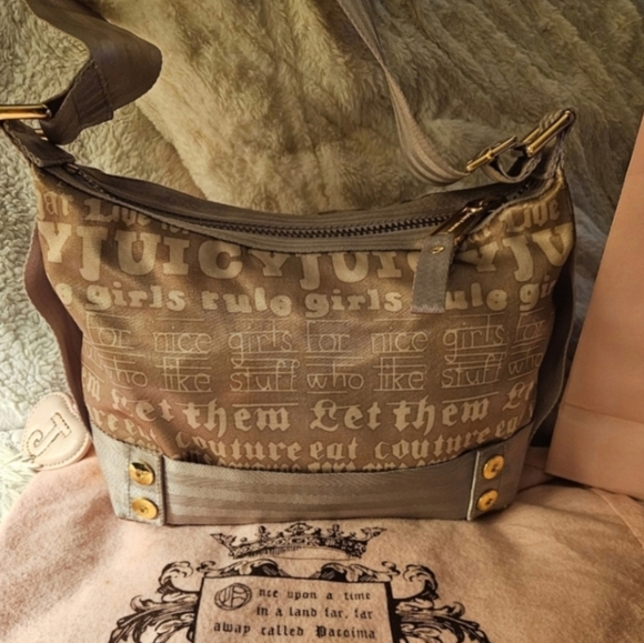 Juicy Couture Handbags - 👑Rare Juicy Couture 2000's LET THEM EAT JUICY Mauve Pink Sateen Shoulder Bag